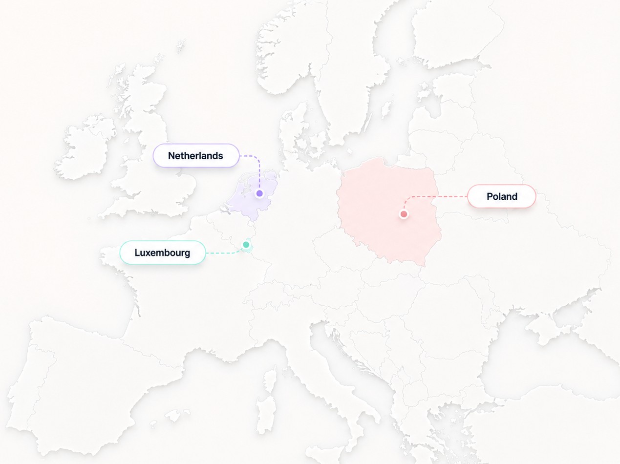 LMD BEAUTY EU European logistics map highlighting Luxembourg, the Netherlands and Poland